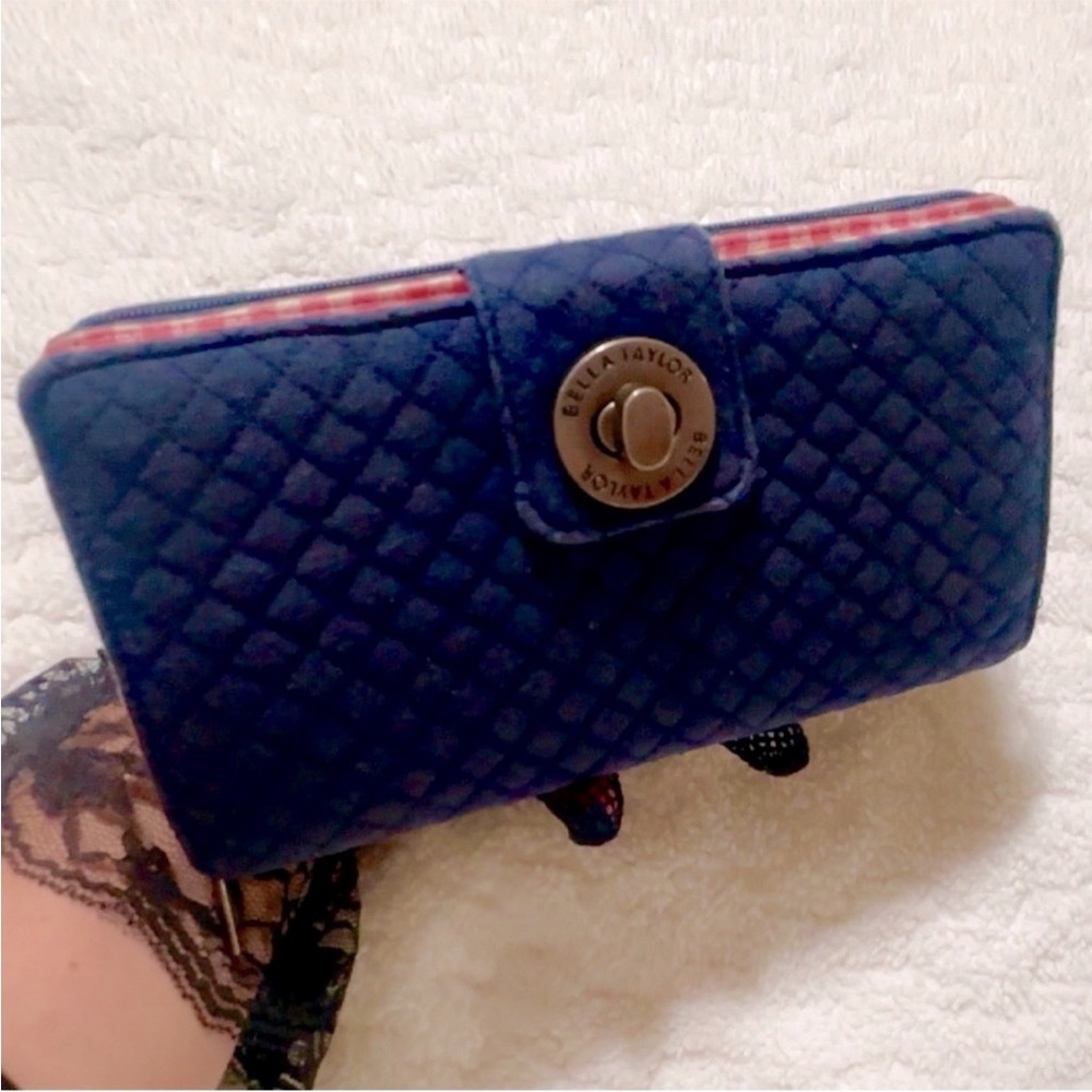 Bella Taylor Navy Quilted Wallet. RFID  8” x 5”